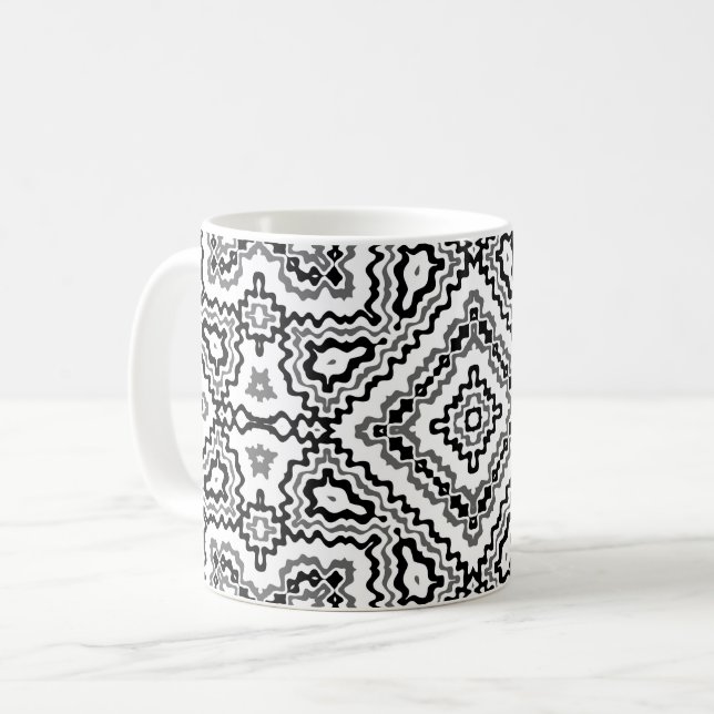Caneca De Café padrão étnico geométrico preto e branco ornamento (Frente Esquerda)