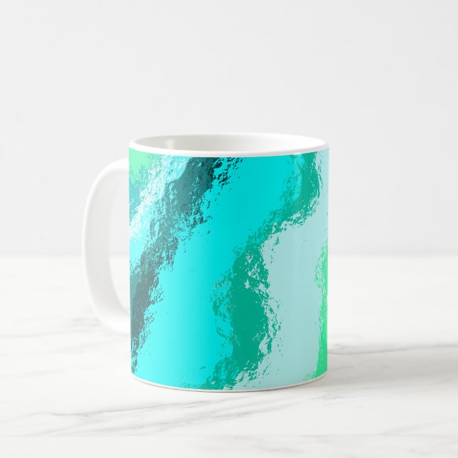 Caneca De Café Padrão Expressivo e Pinturesco Azul Verde Turquesa (Frente Esquerda)