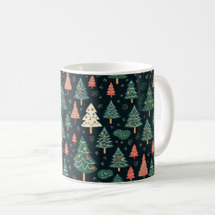 Caneca De Café Padrão Festivo de Árvore de Natal Verde e Coral