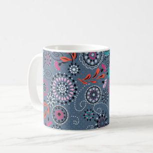 Caneca De Café Padrão floral abstrato folclórico étnico cinza azu