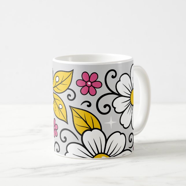 Caneca De Café Padrão Floral Alegre com Contornos Ousados (Frente Esquerda)