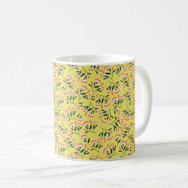 Caneca De Café Padrão Floral Alegre: Flores Cor-de-Rosa (Frente Esquerda)