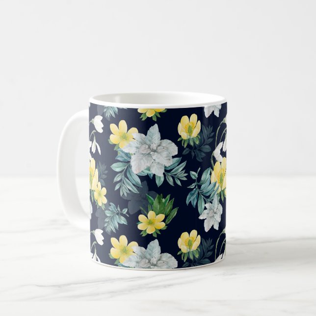 Caneca De Café Padrão Floral Amarelo e Cinza (Frente Esquerda)