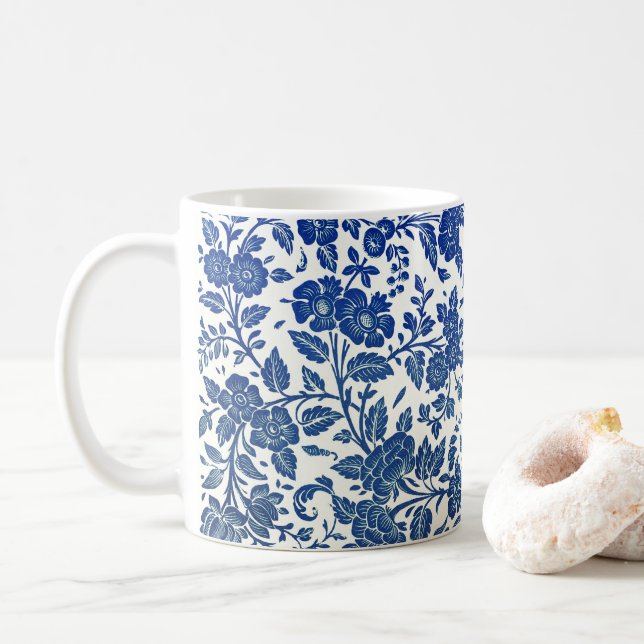 Caneca De Café Padrão Floral Azul (Com Donut)