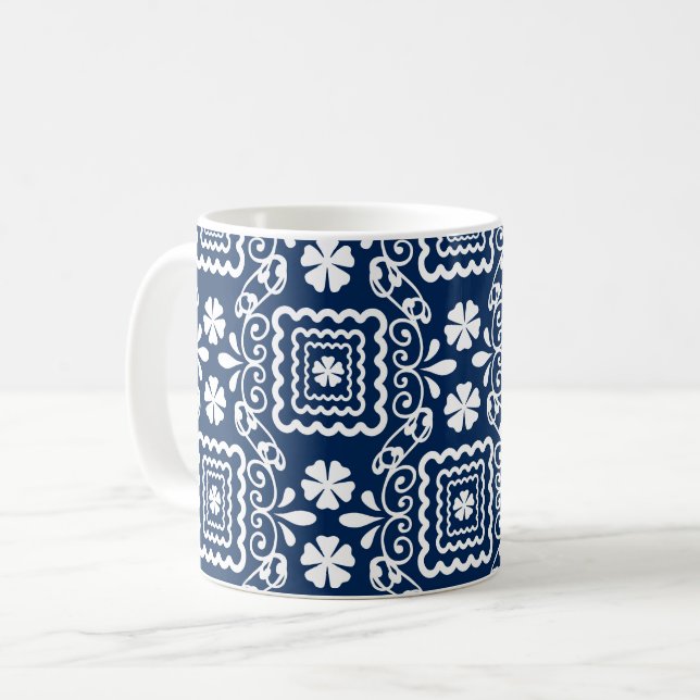 Caneca De Café padrão floral azul branco, retrógrado, 60 (Frente Esquerda)
