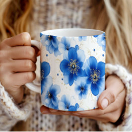 Caneca De Café Padrão Floral Azul com Acentos Dourados