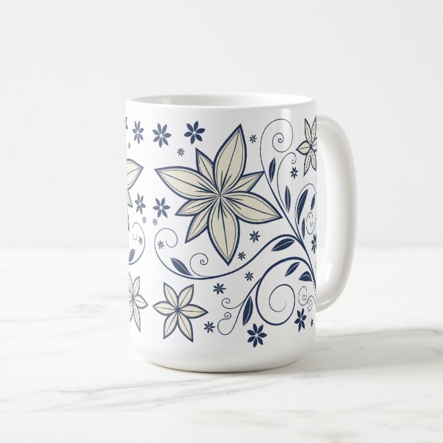 Caneca De Café Padrão Floral Azul do Marinho Elegante | (Frente Esquerda)