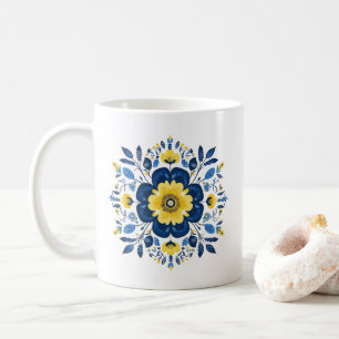 Caneca De Café Padrão Floral Azul e Amarelo