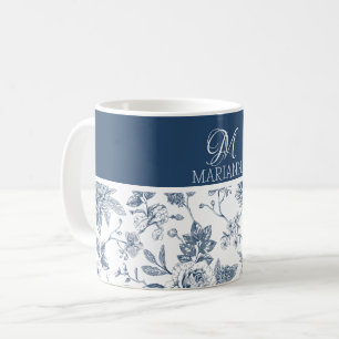 Caneca De Café Padrão Floral Azul e Nome Personalizado