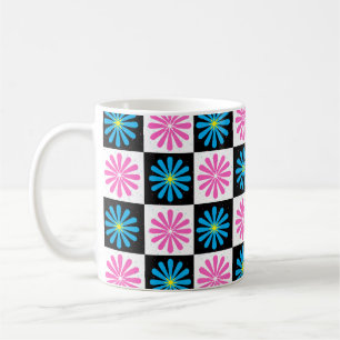 Caneca De Café Padrão Floral Azul-Rosa Geométrico