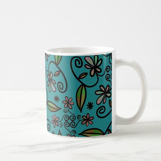 Caneca De Café Padrão Floral Azul Turquesa Fofo (Direita)
