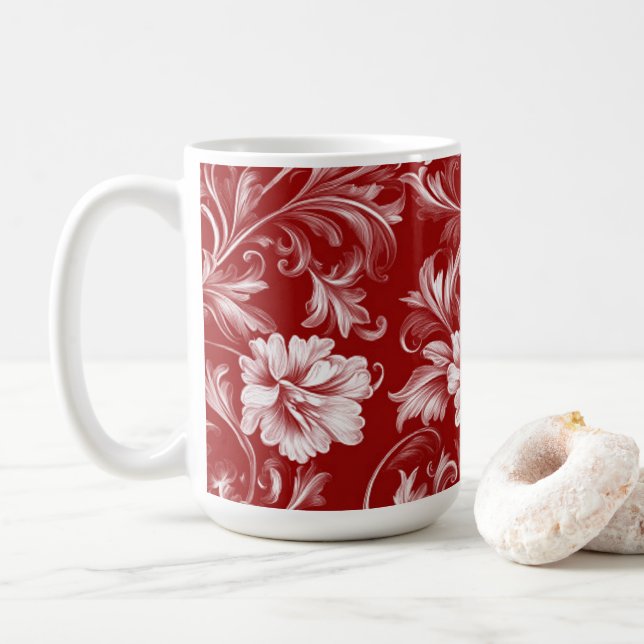 Caneca De Café Padrão Floral Barroco Monocromático, Branco em Ver (Com Donut)