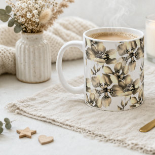 Caneca De Café Padrão Floral Bege Elegante Neutro Clássico