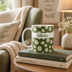 Caneca De Café Padrão Floral Boho Daisy Verde