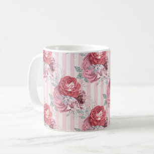 Caneca De Café Padrão Floral bonito com risca rosa