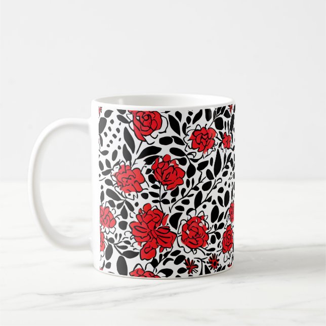 Caneca De Café Padrão Floral bonito em Vermelho, Preto e Branco (Esquerda)