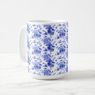 Caneca De Café Padrão Floral Branco e Azul da Vintage