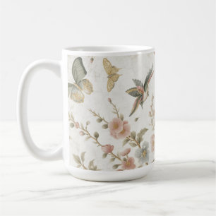 Caneca De Café Padrão Floral Chinês Vintage com Beija-flor