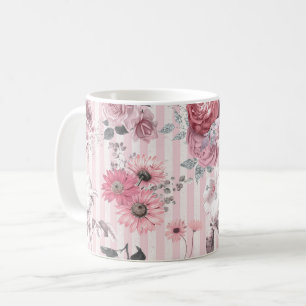 Caneca De Café Padrão Floral Cinza-Rosa Vintage