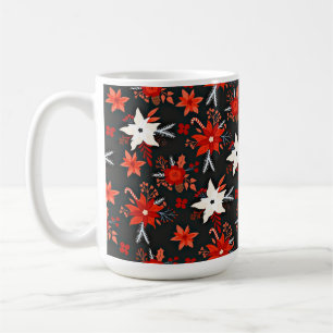 Caneca De Café Padrão Floral com Flores Brancas Vermelhas- 11438