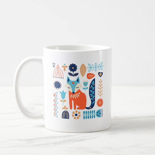 Caneca De Café Padrão Floral de Arte Folk Fox | Natureza (Esquerda)