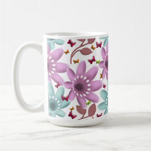 Caneca De Café Padrão Floral de Borboleta Sem Costura   Rosa e Ve