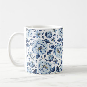 Caneca De Café Padrão Floral de Cor de Água Azul