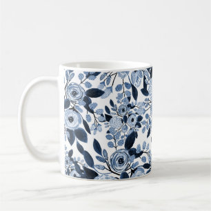 Caneca De Café Padrão Floral de Cor de Água Azul do Pastel do mar