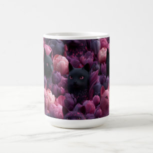 Caneca De Café Padrão Floral de Gato Preto Surreal e Peônia Rosa