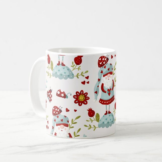 Caneca De Café Padrão Floral de Gnomo Escandinavo Fofo (Frente Esquerda)