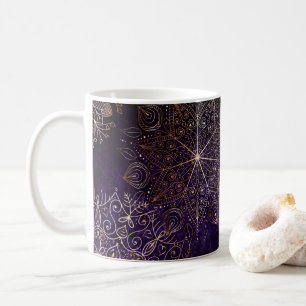 Caneca De Café Padrão Floral de Mandala Elegante Dourado e Roxo
