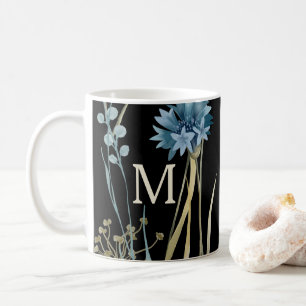 Caneca De Café Padrão Floral de Monograma Azul Claro e Dourado em