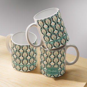 Caneca De Café Padrão Floral de Monograma Botânico Abstrato Vinta