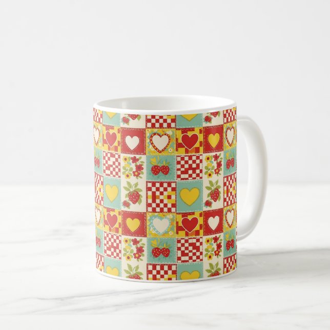 Caneca De Café Padrão Floral de Patchwork de Morango Retro (Frente Esquerda)