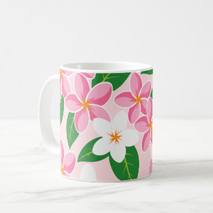 Caneca De Café Padrão Floral de Plumeria Rosa e Branco