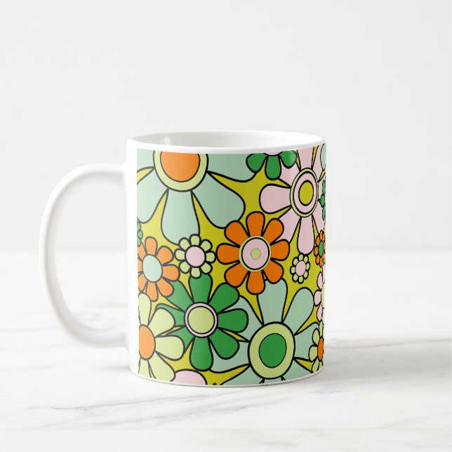 Caneca De Café Padrão Floral de Primavera do Groovy Retro Garden  (Esquerda)