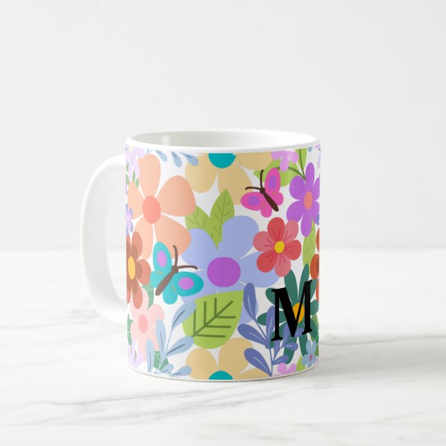 Caneca De Café Padrão Floral de Tendência Personalizado (Frente Esquerda)