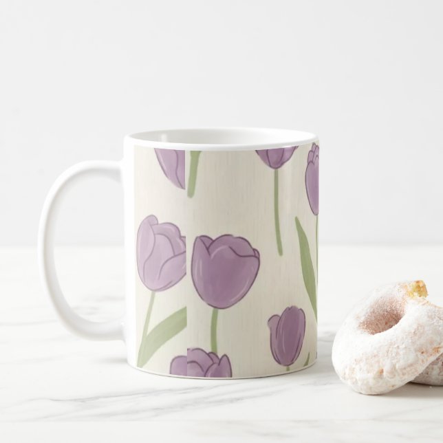 Caneca De Café Padrão Floral de Tulipas Roxas (Com Donut)