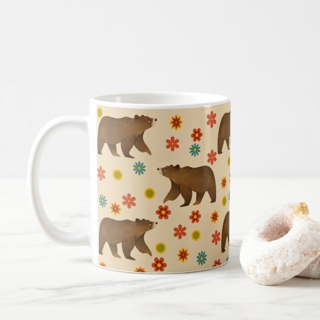 Caneca De Café Padrão Floral do Urso (Com Donut)