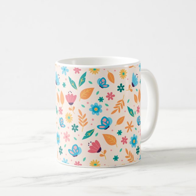 Caneca De Café Padrão Floral e Borboleta (Frente Esquerda)