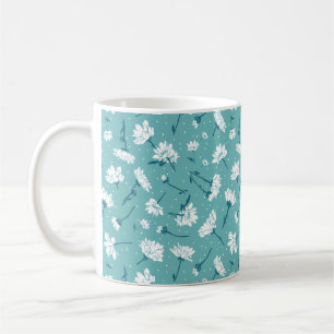 Caneca De Café Padrão Floral Elegante - Botânica Branca e Teal