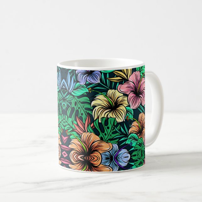 Caneca De Café Padrão Floral Elegante com Botânica Vibrante (Frente Esquerda)