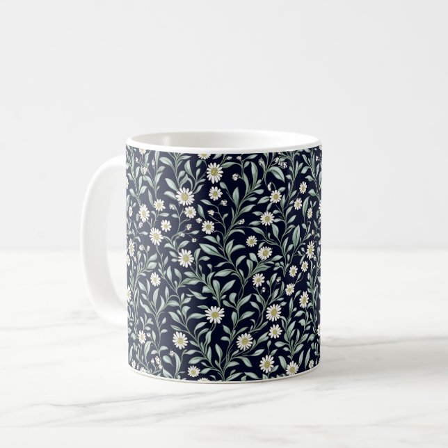 Caneca De Café Padrão Floral Elegante Daisy em Fundo Escuro (Frente Esquerda)