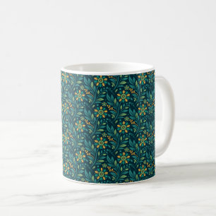 Caneca De Café Padrão Floral Elegante em Amarelo e Azul Turquesa
