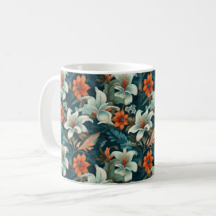 Caneca De Café Padrão Floral Elegante Turquesa Laranja Flor