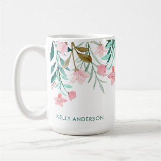 Caneca De Café Padrão Floral em Aquarela Feminino Monogramado