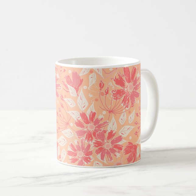 Caneca De Café Padrão floral em tons de pêssego da moda (Frente Esquerda)