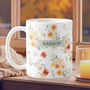 Caneca De Café Padrão Floral Ensolarado Aquarela com Nome Persona
