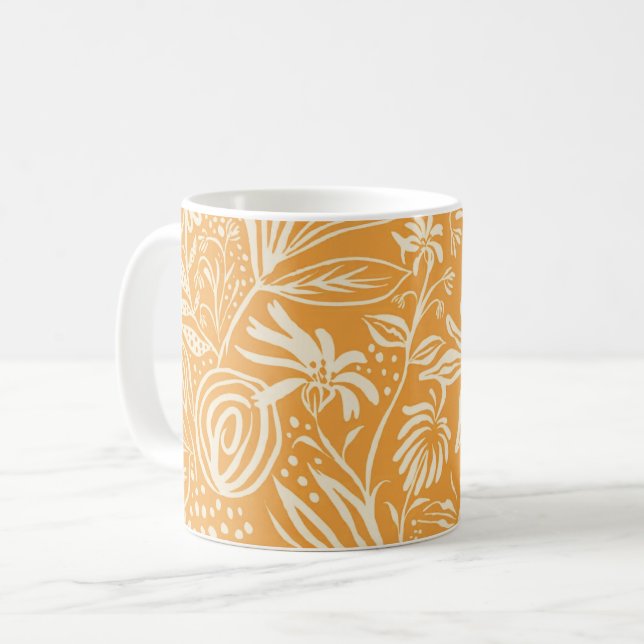 Caneca De Café Padrão Floral Favorito em Amarelo Ouro, (Frente Esquerda)