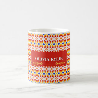 Caneca De Café Padrão Floral Geométrico em Pixel em Vermelho Lara